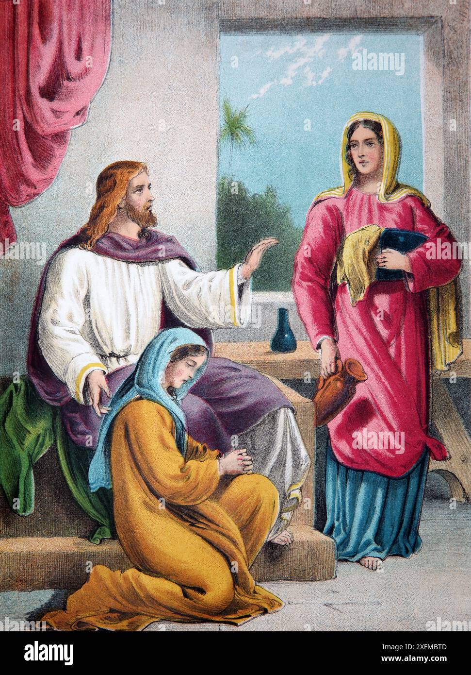 Bibelgeschichte Illustration von „Jesus im Haus von Martha und Maria“ - Martha bereitet Essen vor, während Maria sitzt und Jesus (Lukas) aus der Antike hört Stockfoto