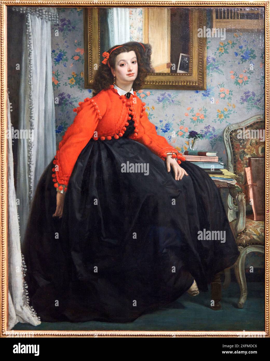 Jacques-Joseph Tissot dit James Tissot (1836–1902), Portrait en pied de Mademoiselle L. L., ou jeune fille en veste rouge Painting, 1864, Ausstellung im Museum, Paris 1874 Erfindung des Impressionismus, Musée d’Orsay, Paris, Frankreich. Stockfoto