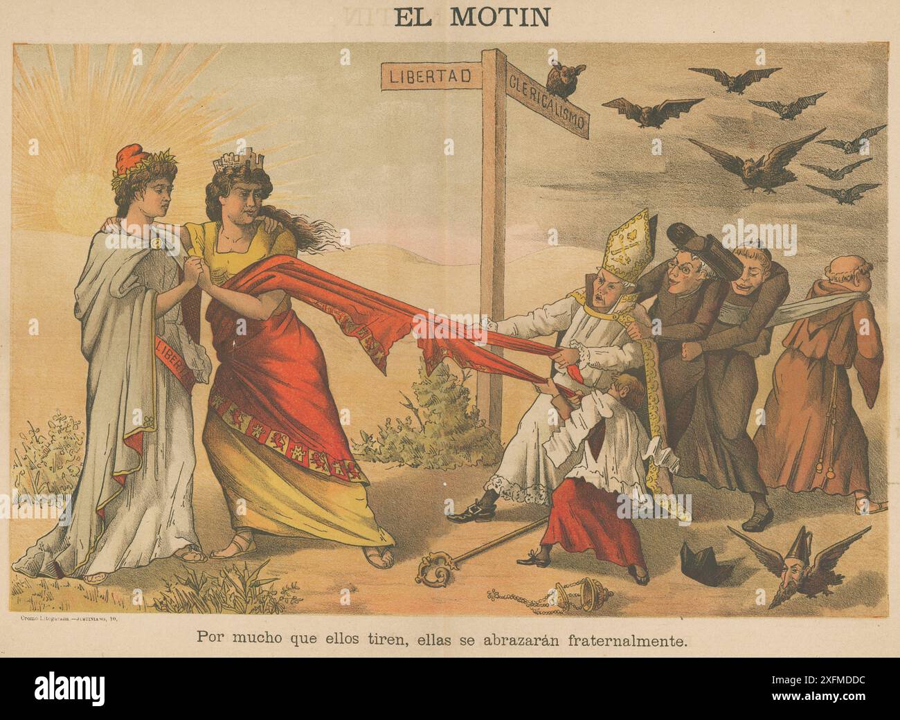 España. Dibujo satírico alusivo a la política Española. Interior de la revista El Motín, Editado en Madrid, marzo de 1885. La República y la libertad resistiendo los tirones de la iglesia. Stockfoto