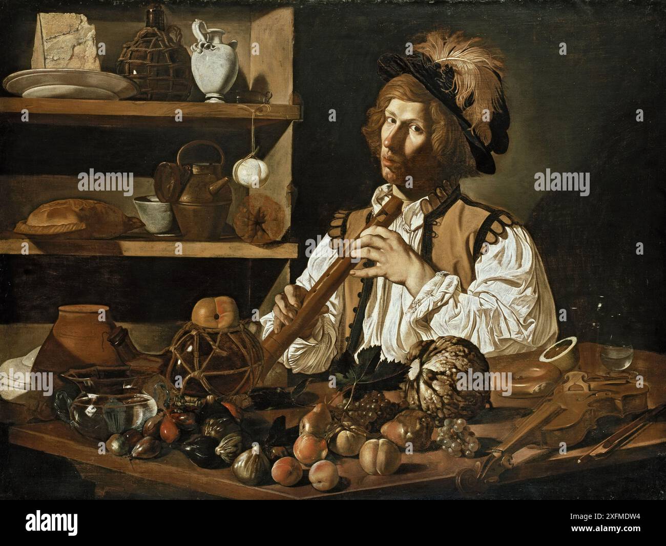 Innenraum mit Stillleben und junger Mann mit Flöte. Museum: Ashmolean Museum, Oxford. Autor: Francesco Boneri (Cecco del Caravaggio). Stockfoto