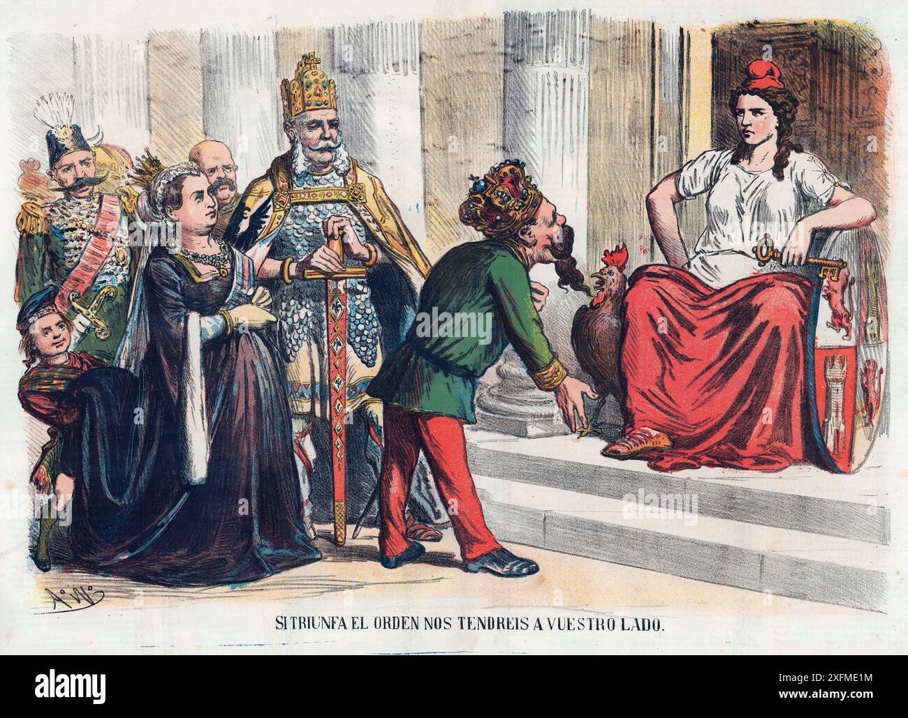 España. Dibujo satírico alusivo a la política Española protagonizado por Emilio Castelar, presidente de la República. Interior de la revista La madeja política, editado en Barcelona, enero de 1874. Emilio Castelar Ripoll. Stockfoto