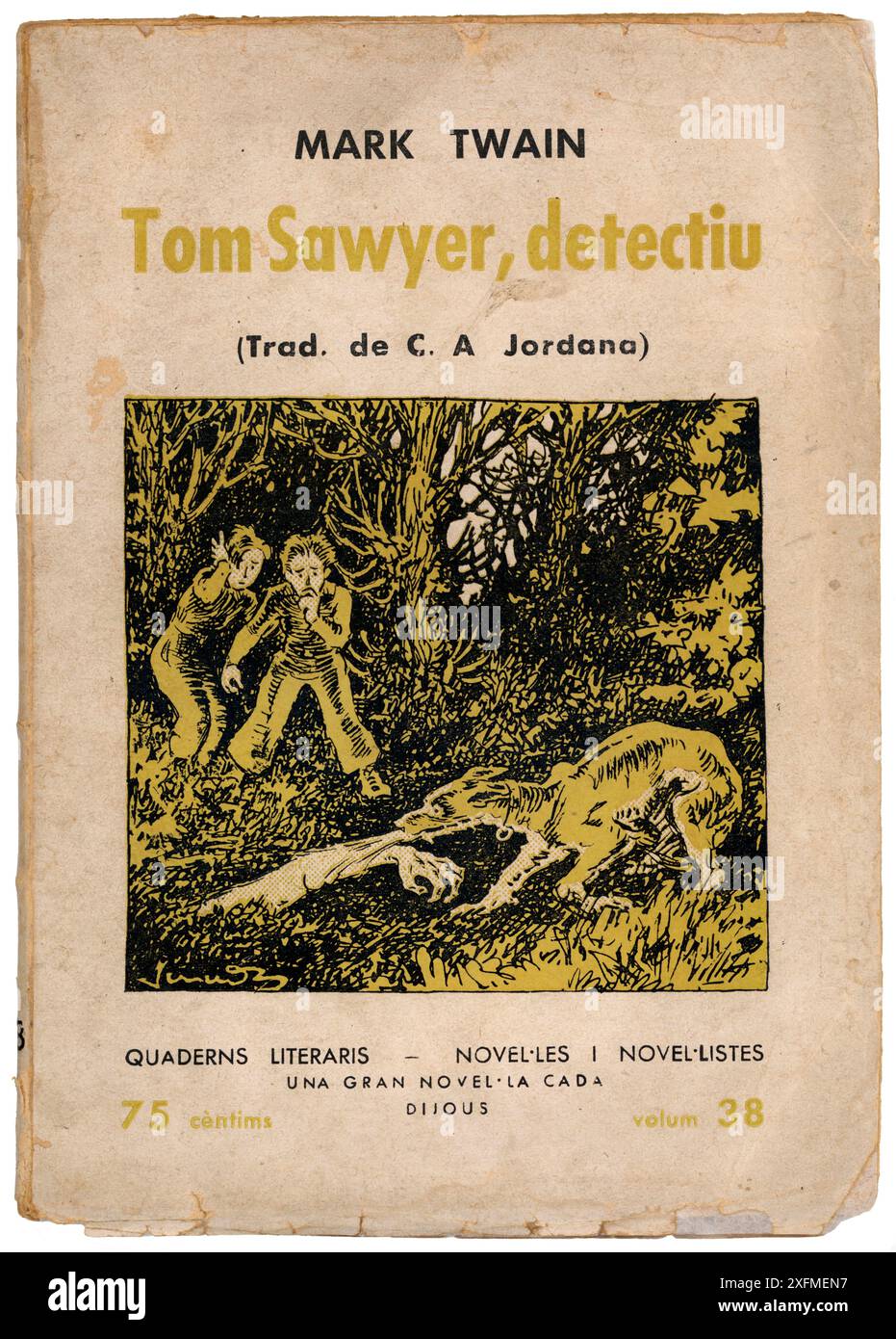 Portada de la novela Tom Sawyer, Detectiu, de Mark Twain. Editada en Barcelona, año 1934. Dibujo de la Portada de Joan Junceda. Autor: Joan Garcia Junceda Supervia. Stockfoto