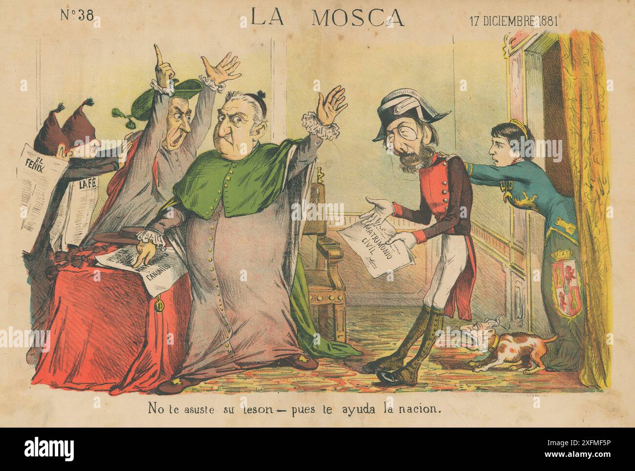 España. Dibujo satírico alusivo a la política Española respect a la reforma del Código Civil en General y del matrimonio Civil en Specific. Interior de la revista La mosca, editado en Barcelona, diciembre de 1881. Stockfoto