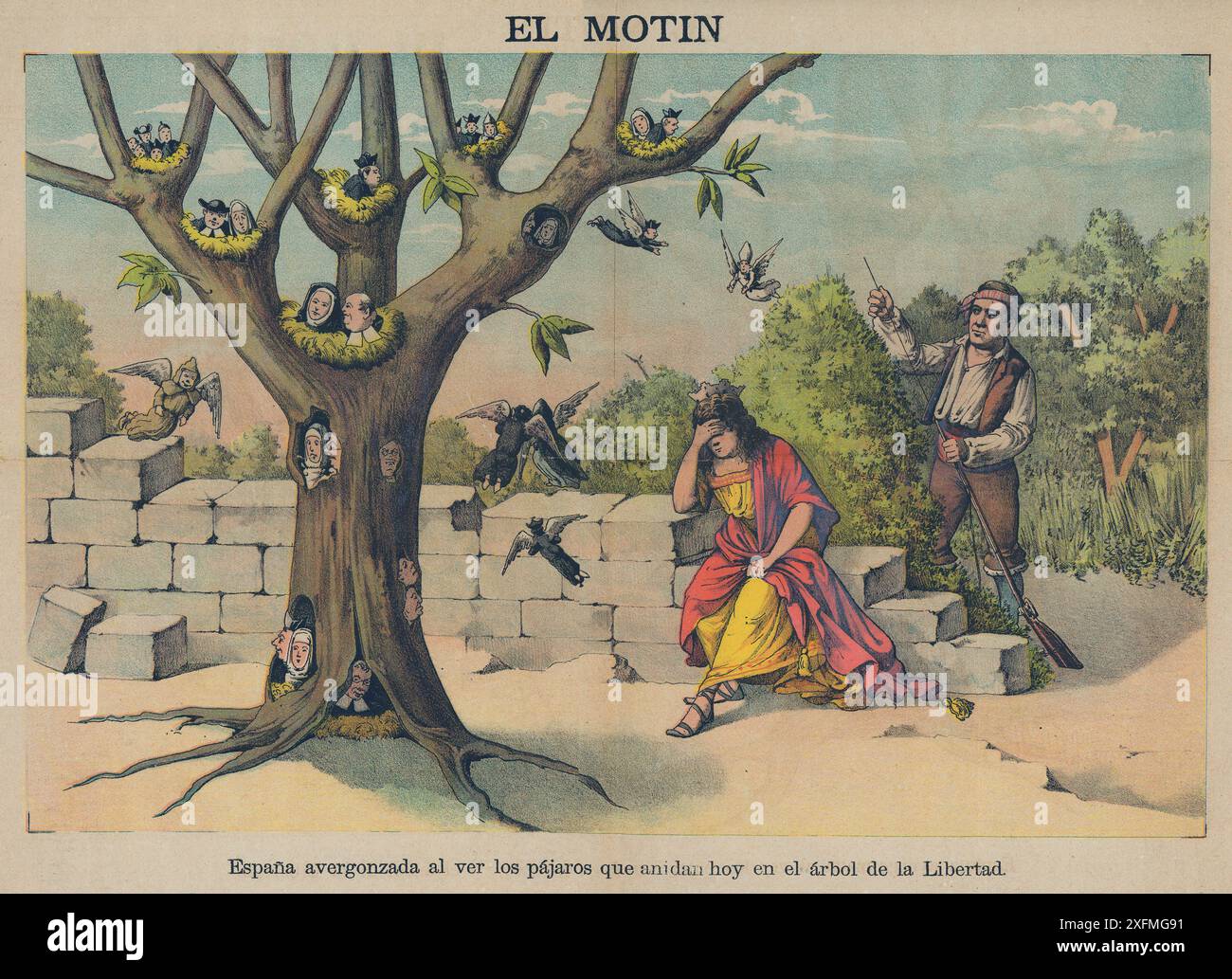 España. Dibujo satírico alusivo a la política Española. Interior de la revista El Motín, Editado en Madrid, Mayo de 1887. Alegoría de la República abrumada ante el Poder eclesiástico. Stockfoto