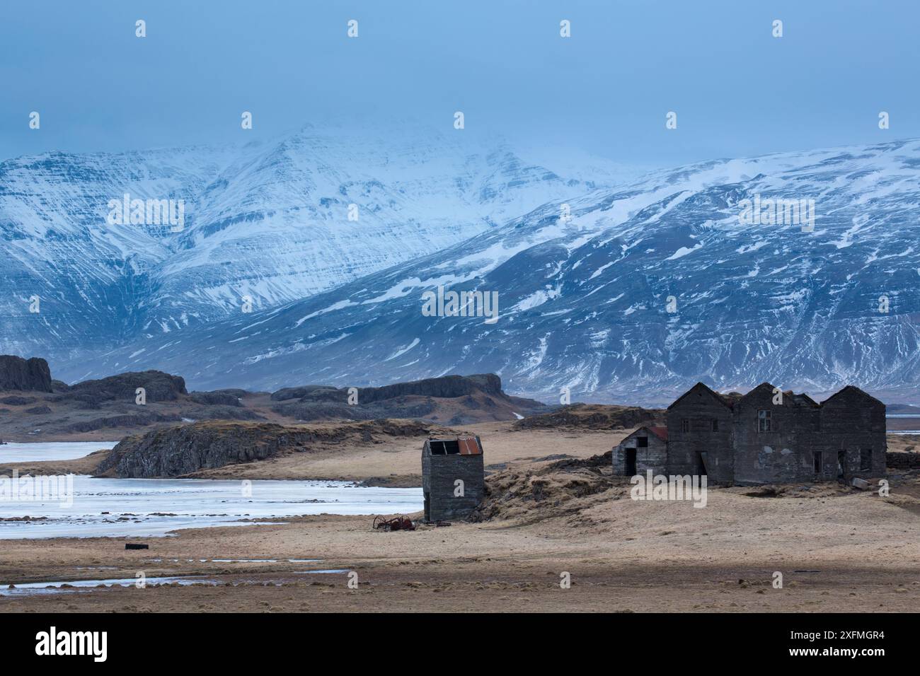 Verlassenen Bauernhaus in der Nähe von Höfn, Ost Island, Februar 2015. Stockfoto