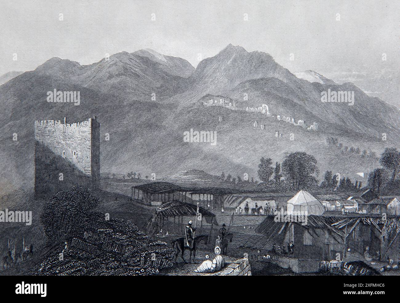 Kupferstich von Jericho, gezeichnet von J.M.W Turner aus einer Skizze von Rev R. Meister in der antiken Bibel des 19. Jahrhunderts Stockfoto