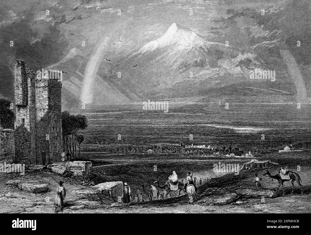 Schwarz-weiß-Gravur des Mount Ararat soll der Ort sein, an dem Noah's Ark (Genesis) in der antiken Bibel des 19. Jahrhunderts ruhen soll Stockfoto