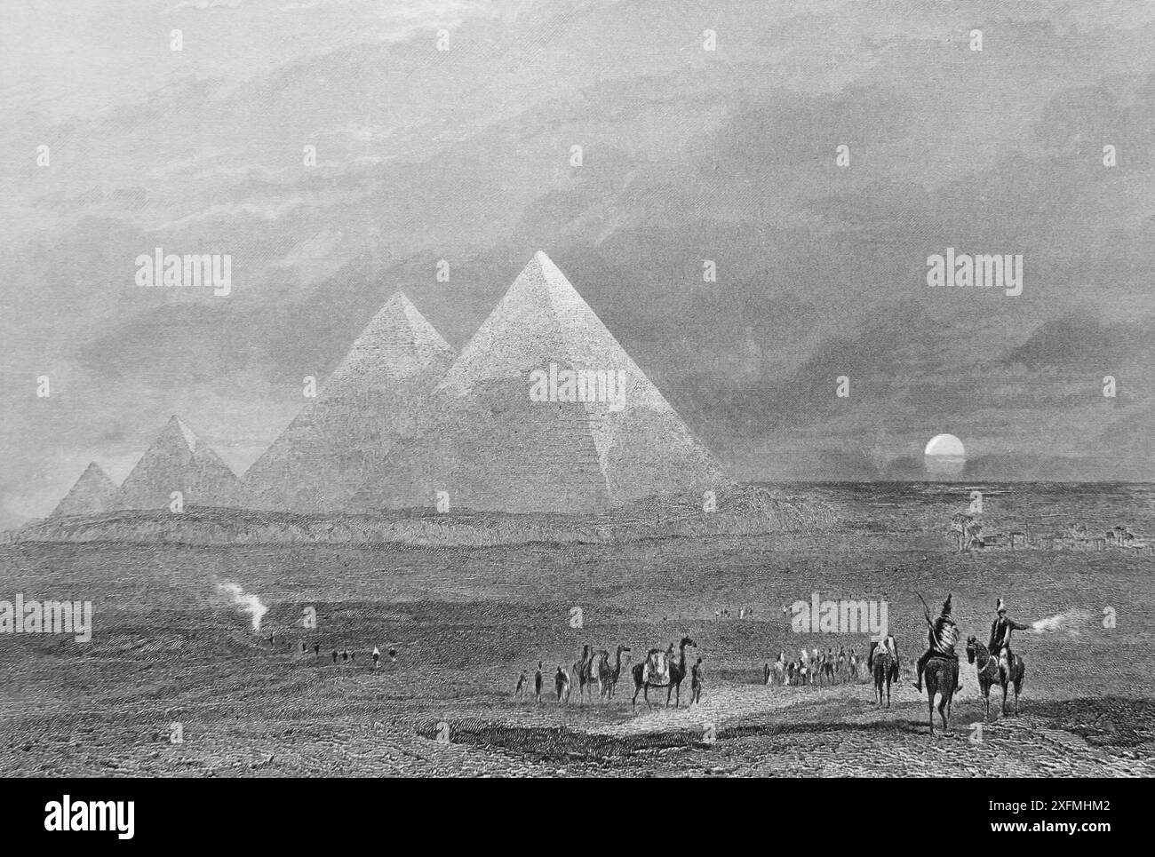 Gravur der großen Pyramiden von Ghizeh (Gizeh) Ägypten aus dem antiken 19. Jahrhundert die kaiserliche illustrierte Bibel gezeichnet von J.M.W Turner aus SK Stockfoto