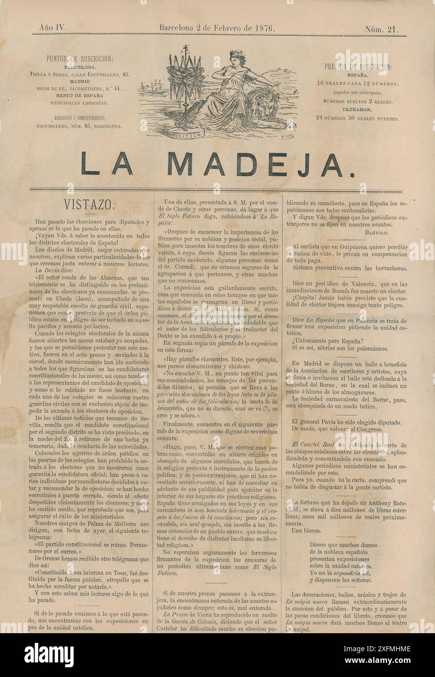 España. Portada de la revista satírica La Madeja, editada en Barcelona, febrero de 1876. Stockfoto