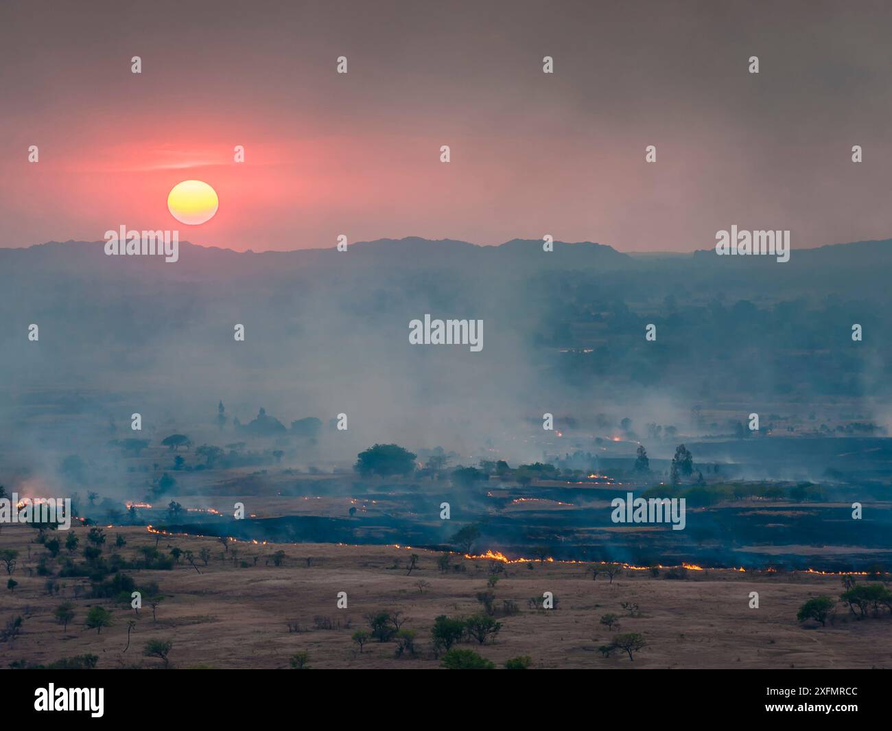 Entwaldung und Grasbrand in der Nähe des Ankarana-Nationalparks, Nordmadagaskar, November 2010. Stockfoto