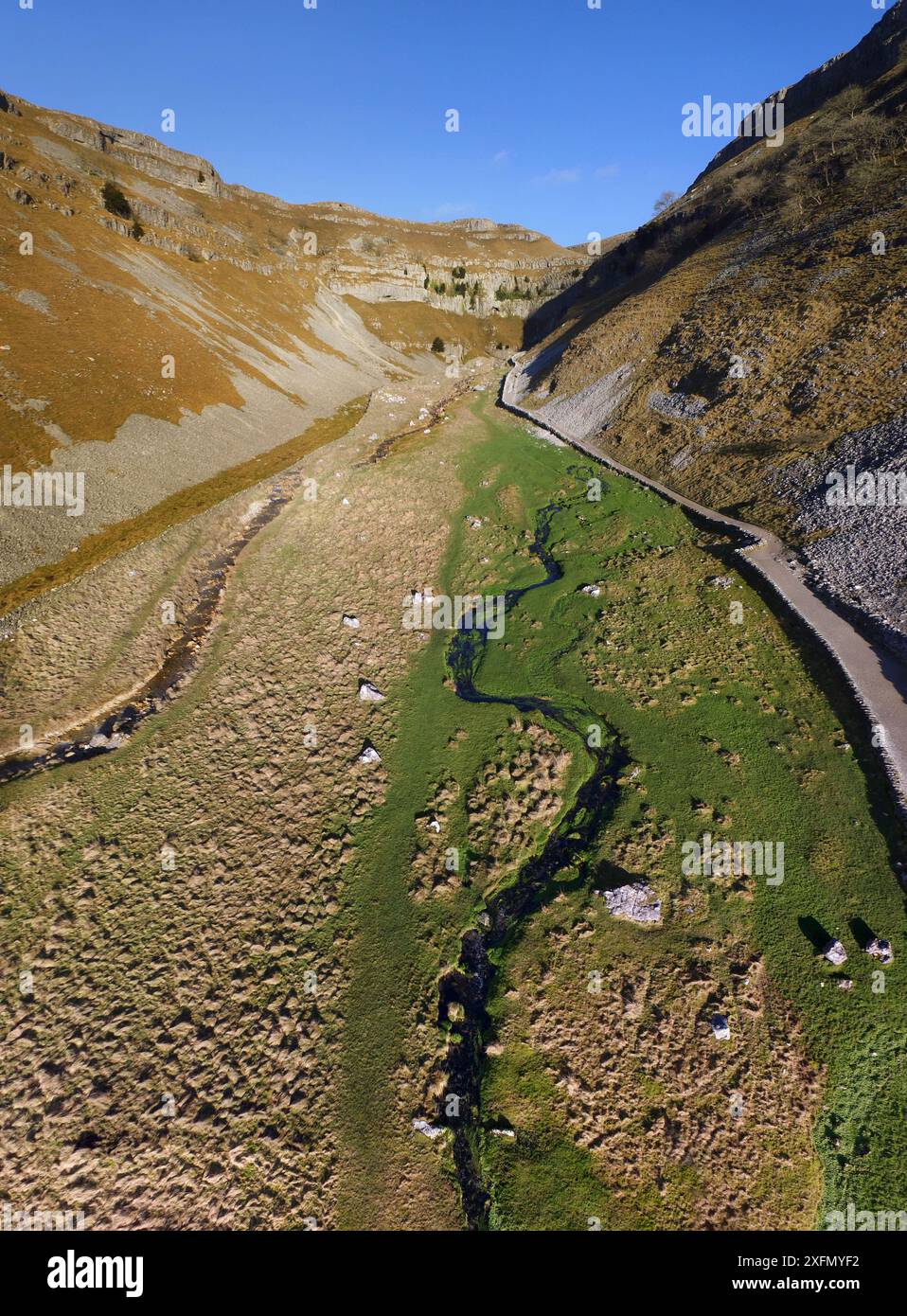 Gordale Scar, eine Schlucht, die durch karbonhaltigen Kalkstein geschnitten wurde und teilweise aus einer eingestürzten Höhle entstand. Mehrere Quellen im Tal, mit geflochtenen, mäandernden Kanälen, Malham, Yorkshire, England, Vereinigtes Königreich, Januar 2017. Stockfoto