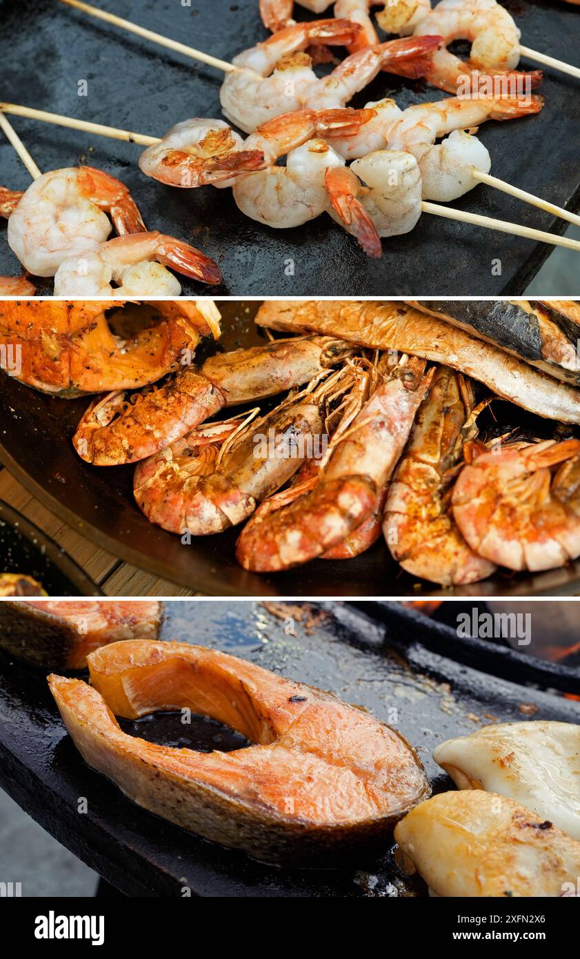 Fotocollage. Köstliche gegrillte Meeresfrüchte - Garnelen und roter Fisch. Stockfoto
