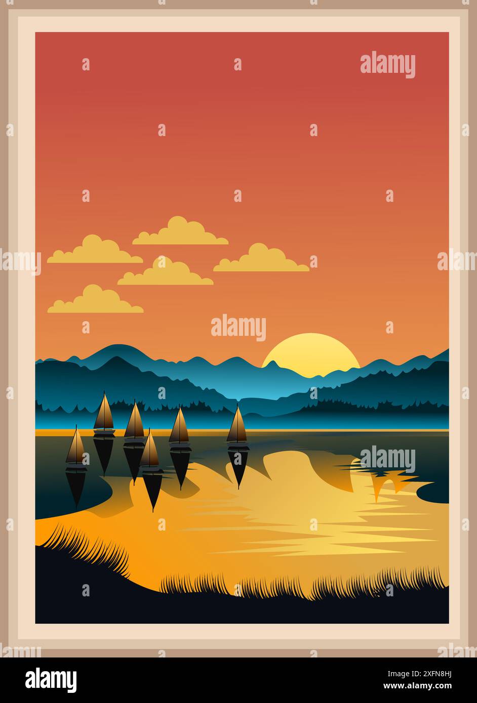 Segelboot auf einem ruhigen See bei Sonnenuntergang. Der Himmel war brillant mit Farben, mit Anklängen von Orange, Rosa und Lila. Das Wasser reflektiert die Farbe des Himmels Stock Vektor