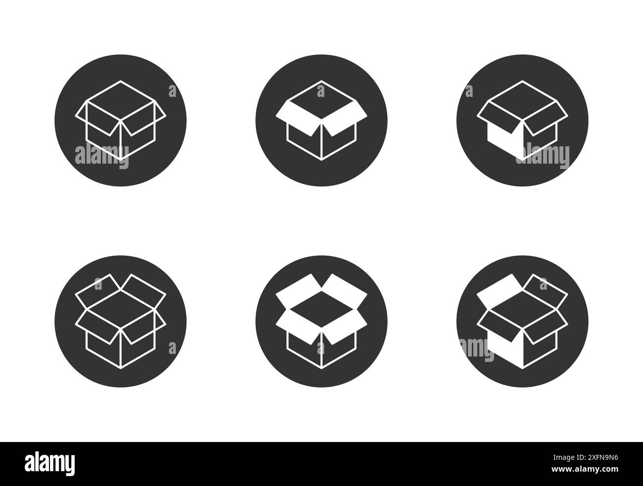 Leeren Sie den geöffneten Versandkarton oder die Symbolgruppe für das Auspacken. Paketsymbol. Illustration des flachen Vektors Stock Vektor
