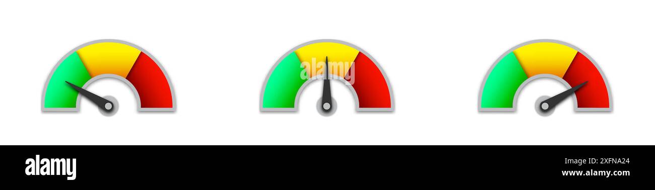 Satz von Symbolen für Messgeschwindigkeiten. Infografik-Messelemente. Sammlung von bunten Tachometerschildern mit Schatten. Illustration des flachen Vektors Stock Vektor