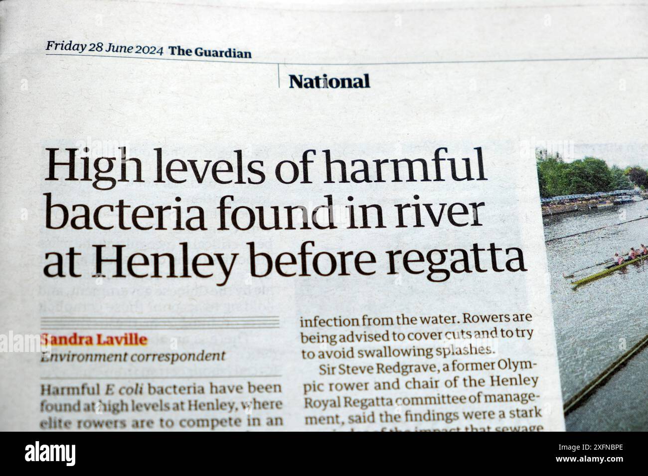 "Hohe Mengen an schädlichen Bakterien, die im Fluss (Themse) in Henley vor der Regatta gefunden wurden" Guardian-Zeitung Schlagzeile artikel 28 Juni 2024 artikel London UK Stockfoto