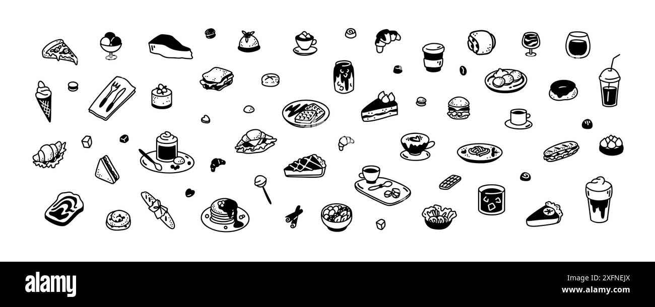 Niedliches Leinen-Doodle, großes Essensset. Minimalistische Ikonen für Restaurants, Cafés, Konditoreien, Bäckerei, Süßwaren, Coffeeshop-Menü. Heiße und kalte Getränke. Aesthet Stock Vektor