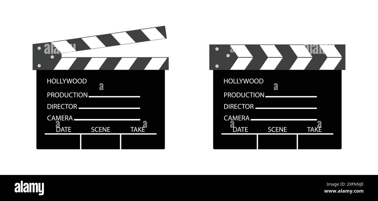 Symbolsatz für Klappenbrett-Vektor. Geöffnete und geschlossene Filmklatschplatte. Set aus Klatschbrett in Schwarz-weiß-Farbe. Stock Vektor