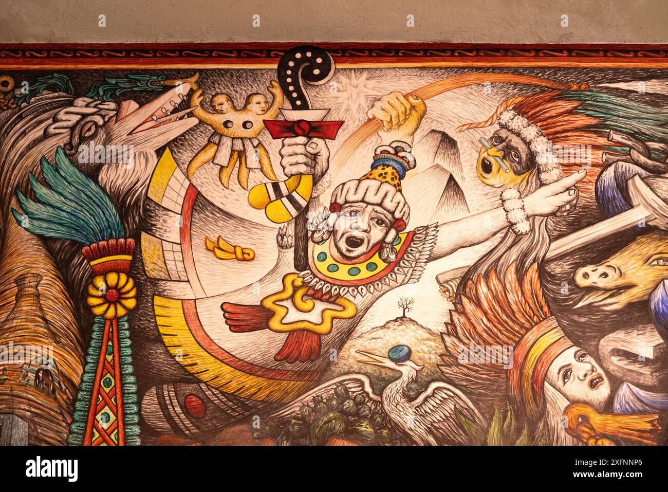 Detail aus einem historischen Wandbild von Tlaxcala von Desiderio Hernández Xochitiotzin, dem Regierungspalast, Tlaxcala, Mexiko Stockfoto