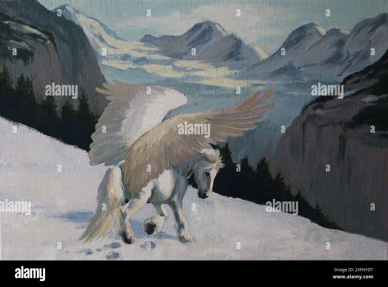 Weißer pegasus auf Schnee in den Bergen - Ölgemälde auf Leinwand von Hand mit Ölgemälden. Das geflügelte Pferd spreizt seine Flügel langsam Stockfoto