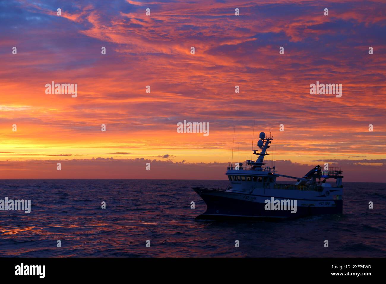 Fischereischiff 'Ocean Harvest' bei Sonnenuntergang an einem Juliabend. Nordsee, August 2016. Eigenschaft freigegeben. Stockfoto