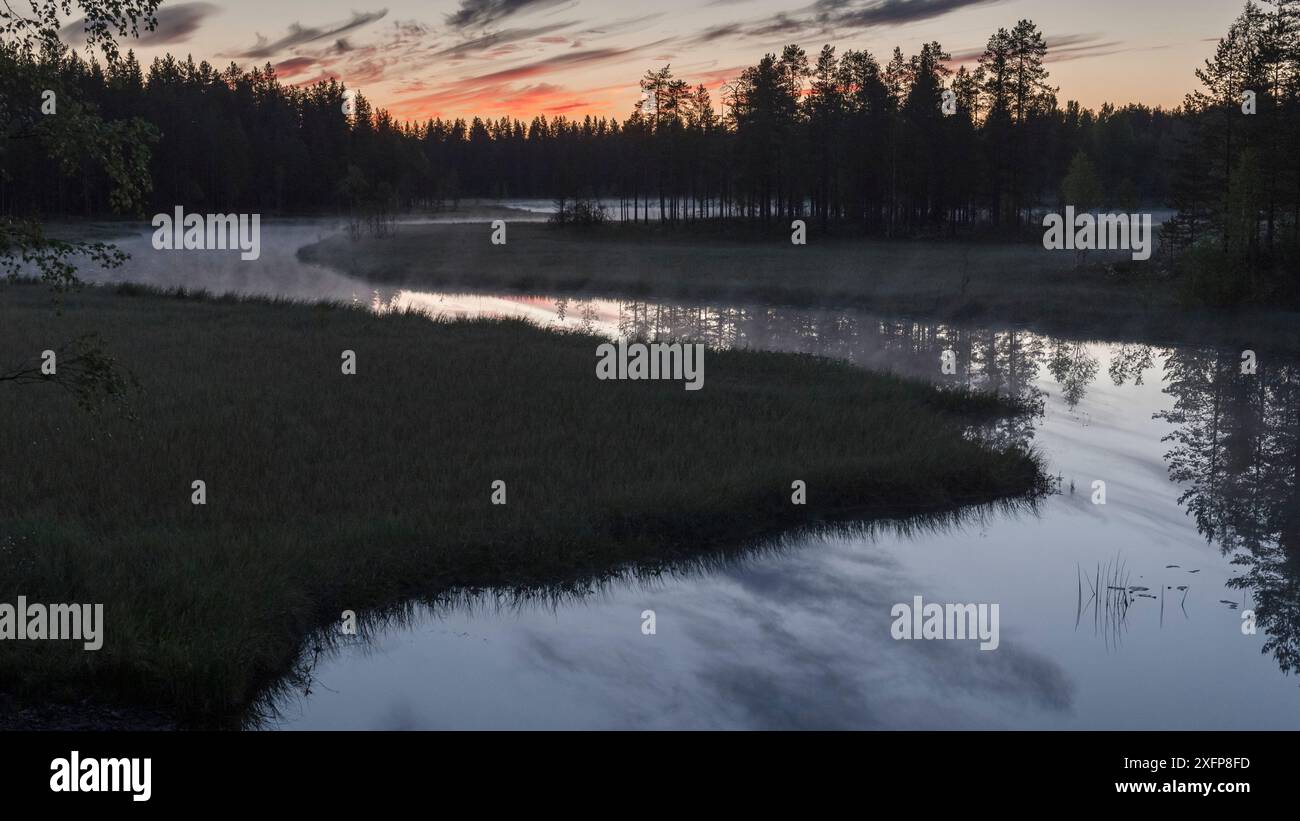 Mittsommernacht mit Nebel über dem Fluss, Finnland, Juni. Stockfoto
