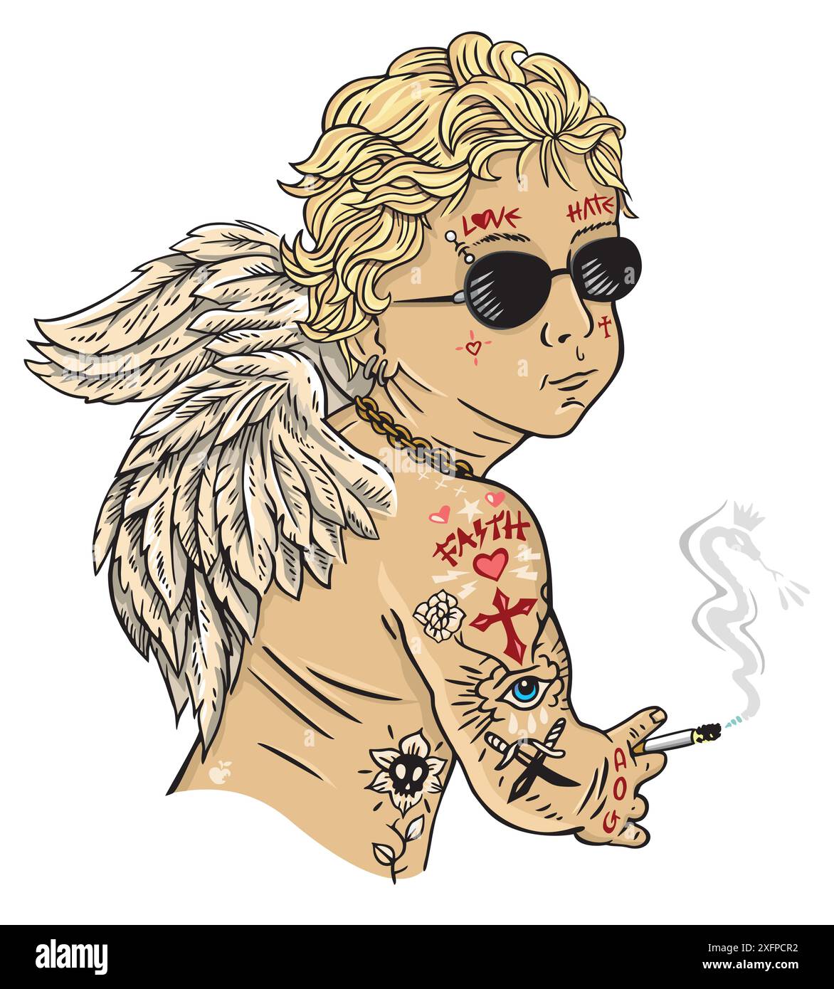 Vektor-Illustration des Engels mit Piercing und Tattoo. Gestreifte Kunst. Bearbeitbares Design für Drucke auf T-Shirts, Postern usw. Stock Vektor