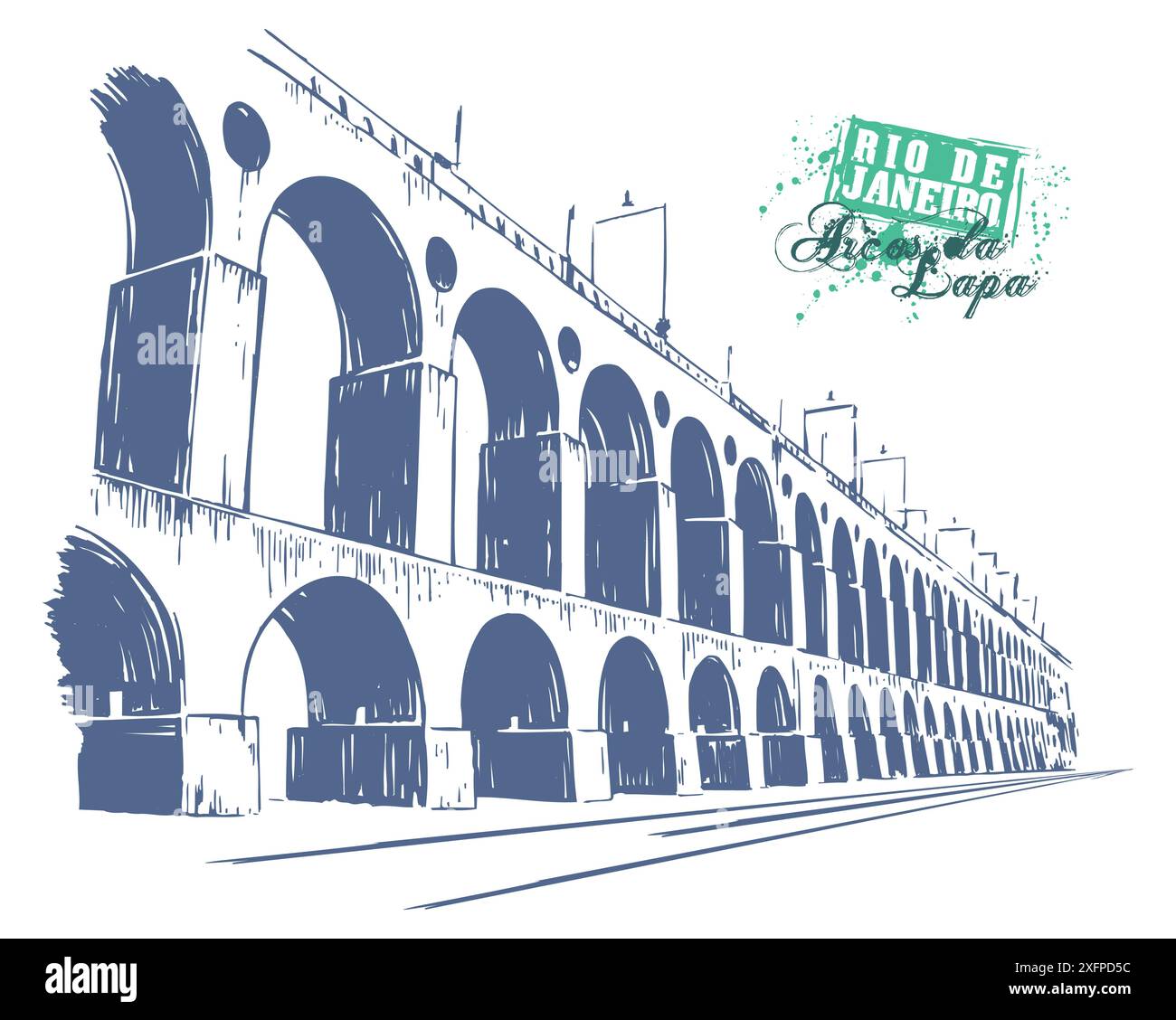 Vektorillustration in gestreiften, handgezeichneten Strichen von Lapas Stadtlandschaft in Rio de Janeiro, Brasilien, in der heutigen Zeit. Stock Vektor