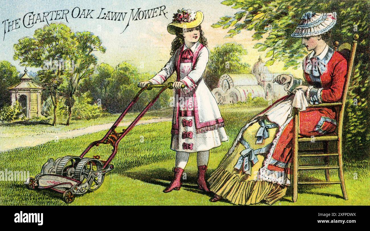 CHARTER-RASENMÄHER AUS EICHE. Werbung für eine amerikanische Marke um 1890 Stockfoto