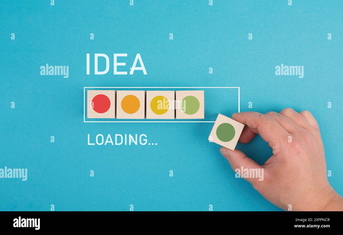 Laden von Ideen, Fortschrittsbalken, Einstieg in ein neues Geschäft, Entwicklungs- und Wachstumskonzept, Brainstorming für Lösungen Stockfoto