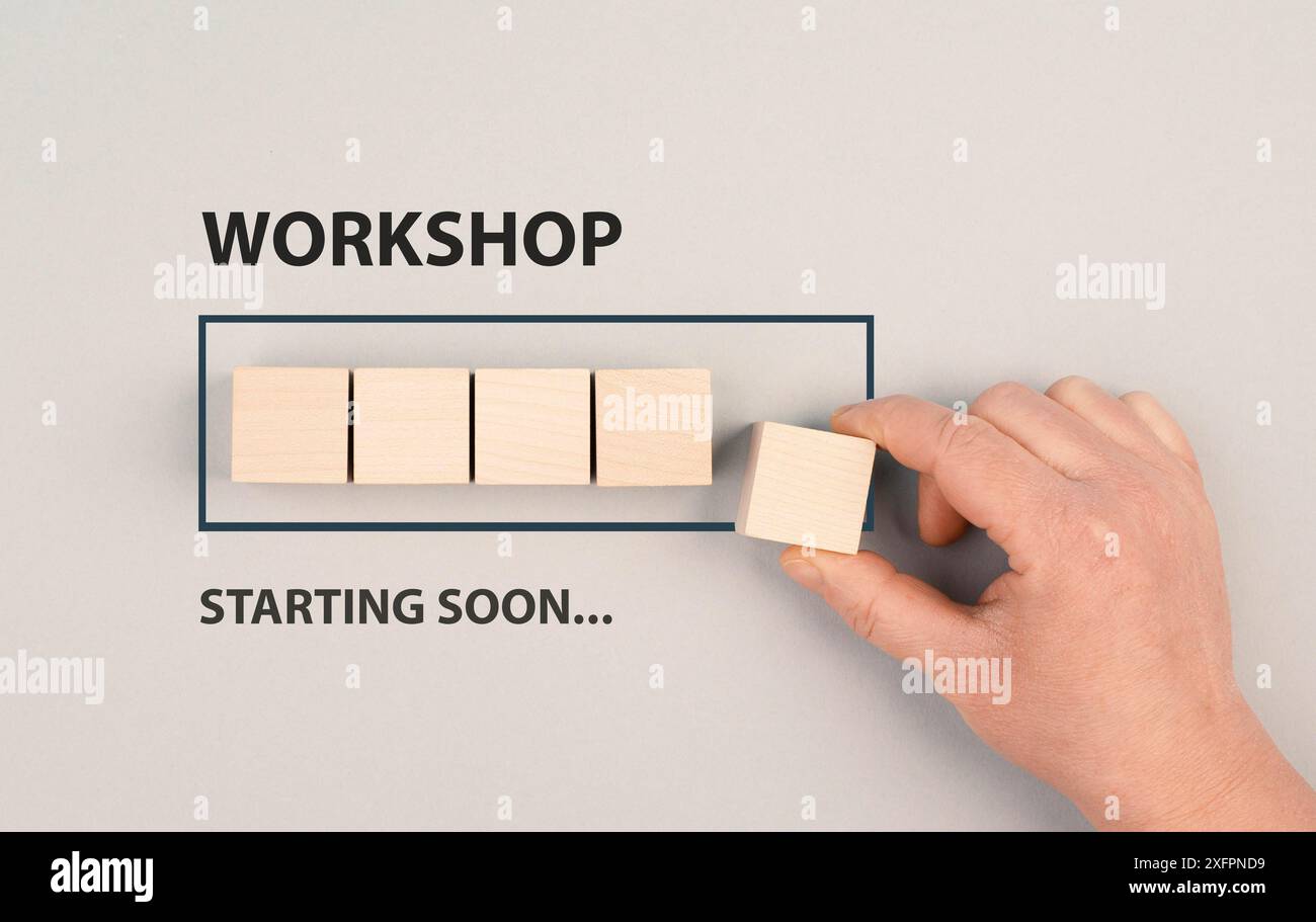 Workshop beginnt bald, Fortschrittsbalken, Coaching- und Mentoring-Konzept, Erlernen neuer Fähigkeiten, Selbstentwicklung Stockfoto