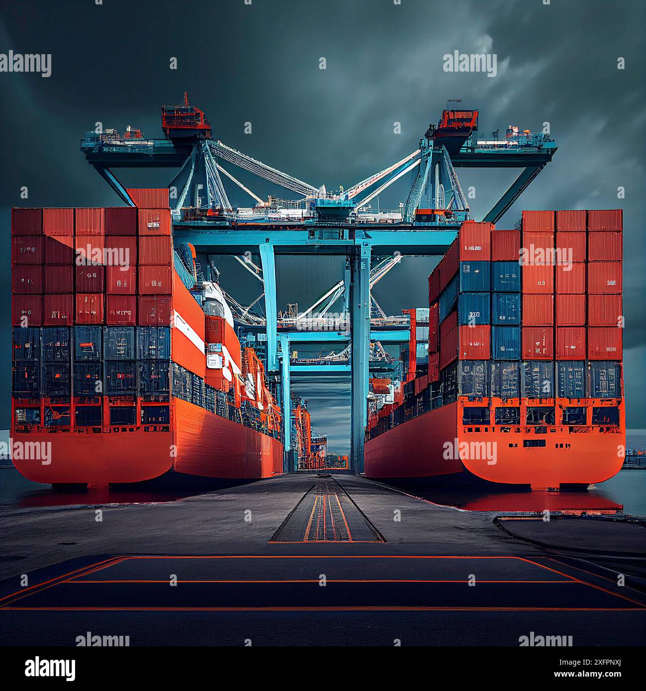 Transportlogistik des internationalen Containerfrachtverkehrs, Landkran am Hafen Stockfoto