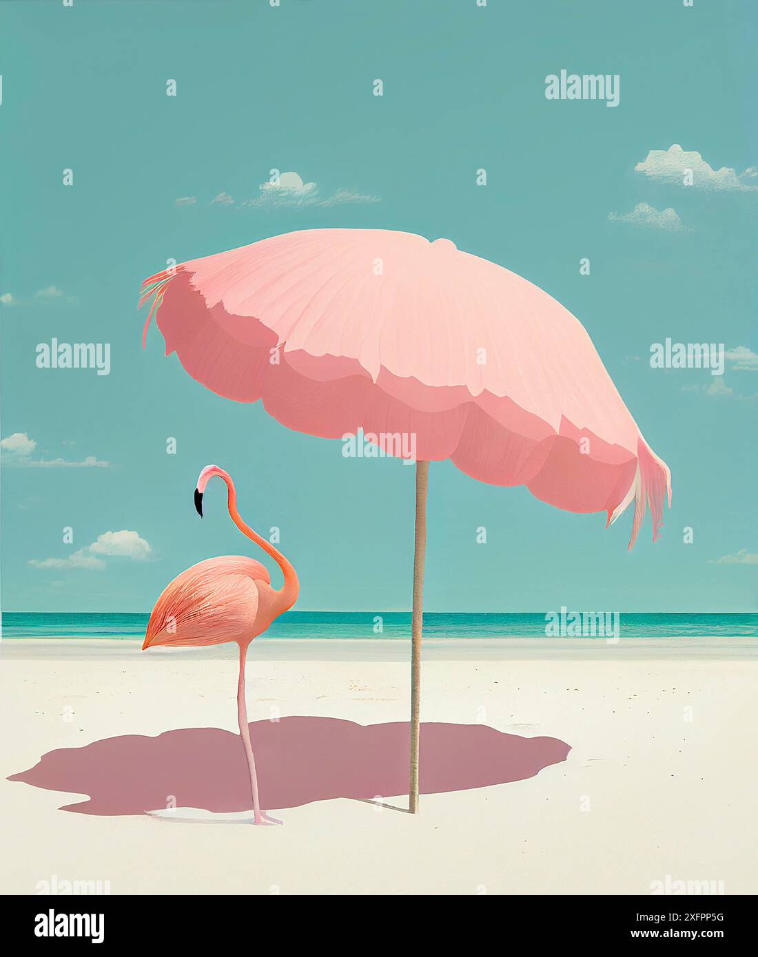 Flamingo mit Sonnenschirm am tropischen Strand, pastellrosa, Urlaubs- und Sommerkonzept Stockfoto