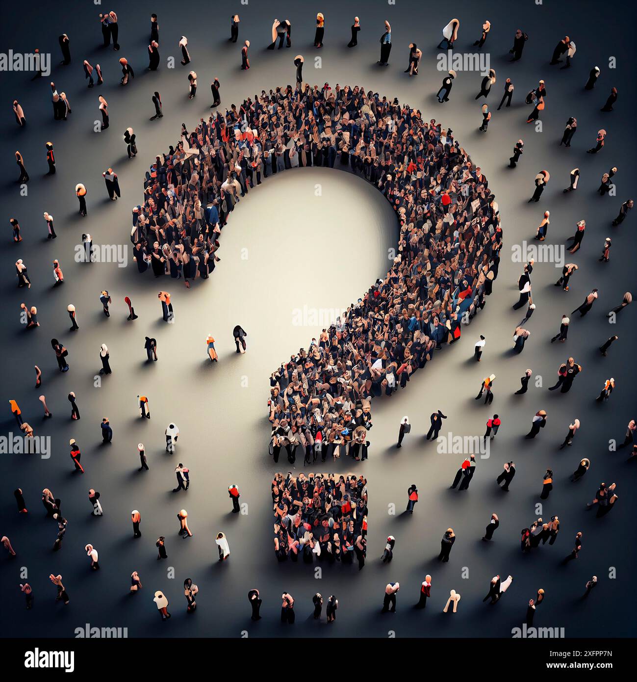 Gruppe von Personen, die ein Fragezeichen erstellen, nach Antworten suchen, Gedanken zur Lösung eines Problems haben, Zweifel haben Stockfoto