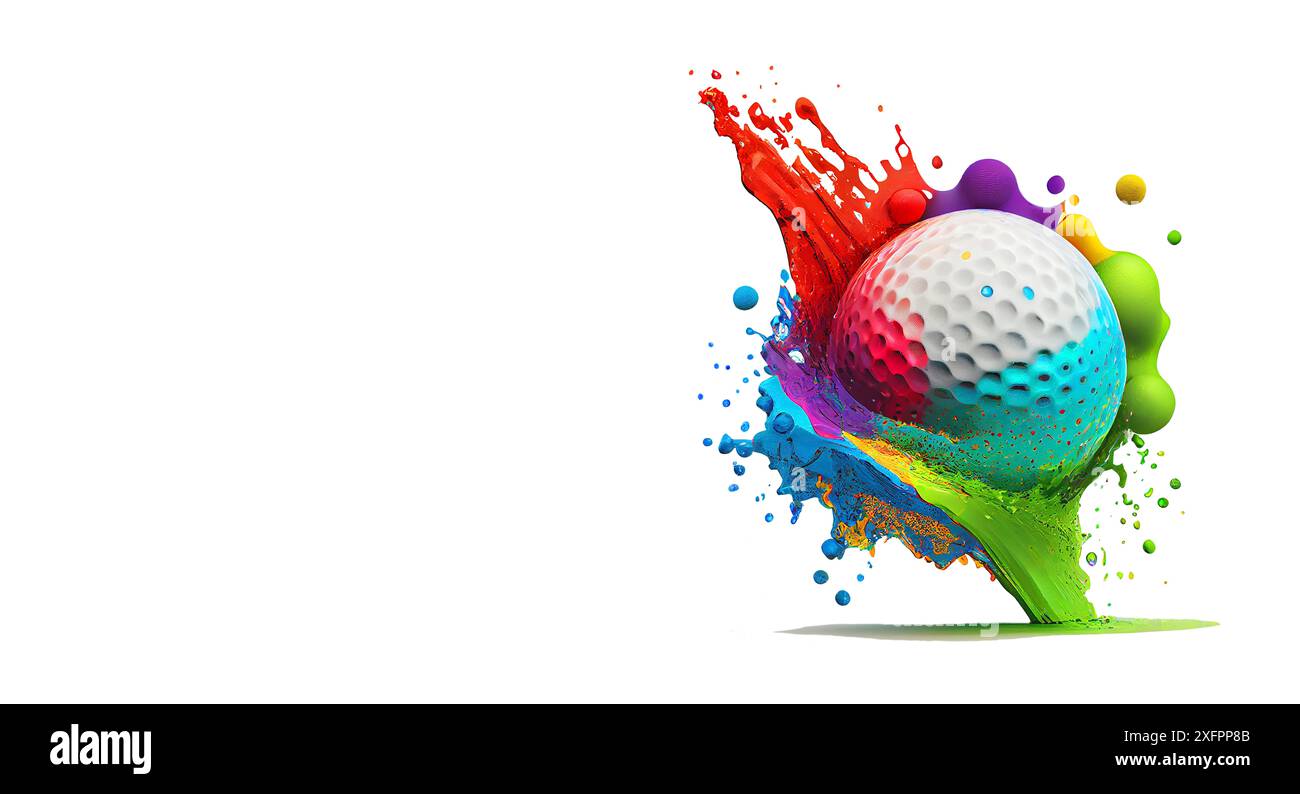 Golfball mit bunten Farbspritzern, dynamischen, lebendigen Farben, Sport- und Freizeitaktivitäten Stockfoto
