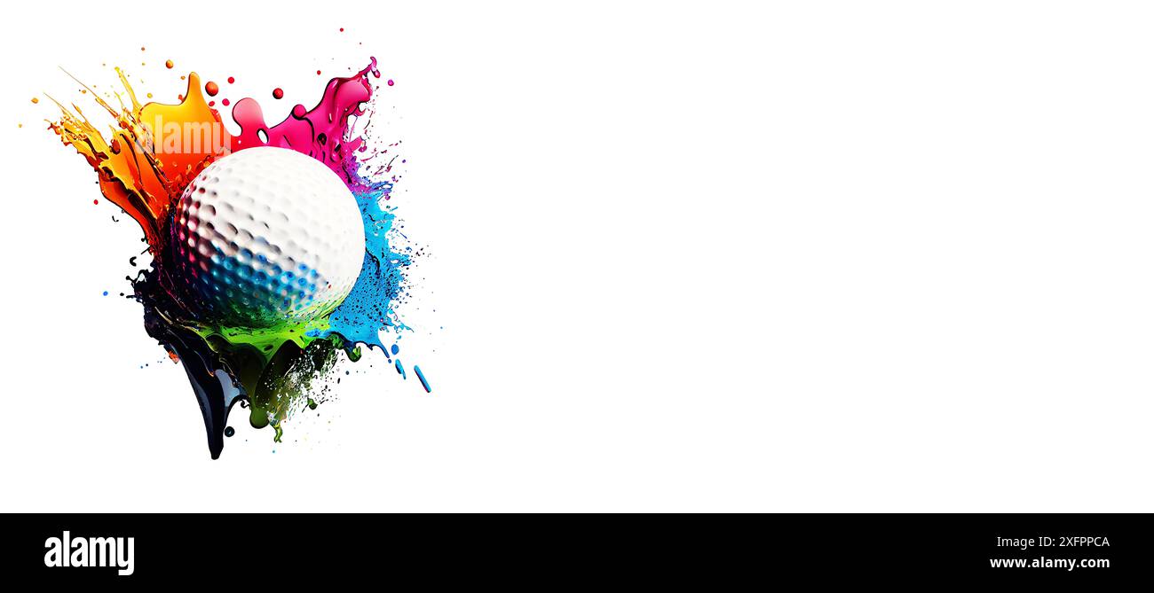 Golfball mit bunten Farbspritzern, dynamischen, lebendigen Farben, Sport- und Freizeitaktivitäten Stockfoto