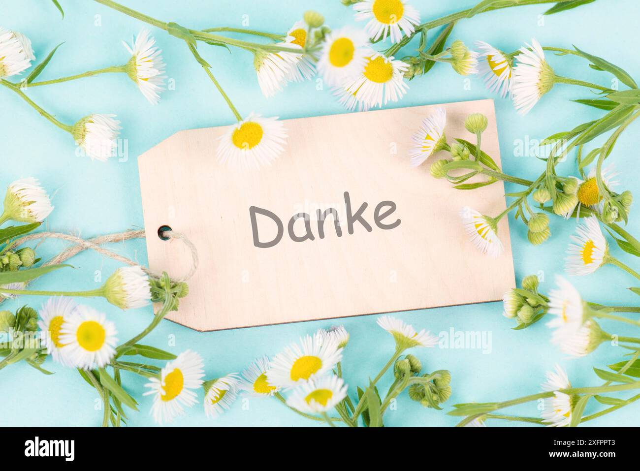 Dankeskarte mit Blumen, deutscher Sprache, Dankbarkeit, Unterstützung, Hilfe und Wohltätigkeitskonzept, positive Einstellung Stockfoto