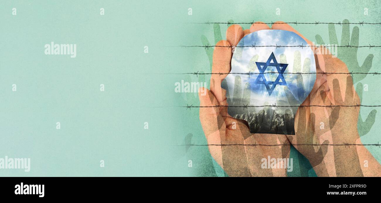Gesicht mit der Flagge Israels, Davidstern und Stacheldraht mit Händen, Krieg zwischen juden und palästinensern, Flüchtlinge Stockfoto