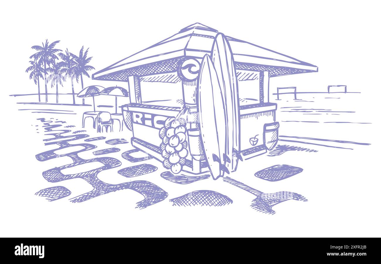 Vektor-Monochrom-Illustration des Strandkiosks. Gestaltete Kunst mit einfachen Strichen. Stock Vektor