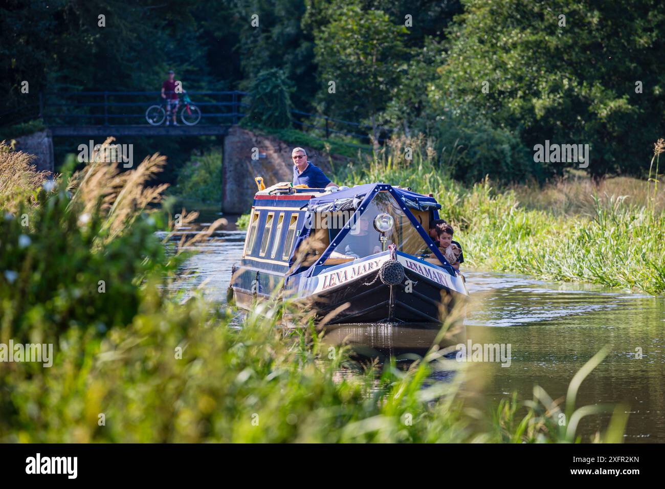 Ein blaues Schmalboot „Lena Mary“ fährt gemütlich auf der Wey Navigation durch die unberührte Landschaft in der Nähe von Send, Surrey an einem sonnigen Tag im Sommer Stockfoto