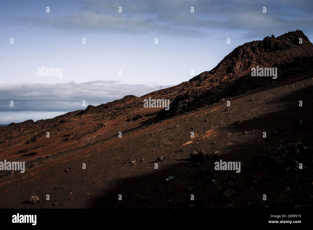 Atemberaubendes vulkanisches Gelände der Galapagos-Inseln, das die raue und raue Schönheit seiner einzigartigen geologischen Formationen und dramatischen Schatten zeigt. Stockfoto