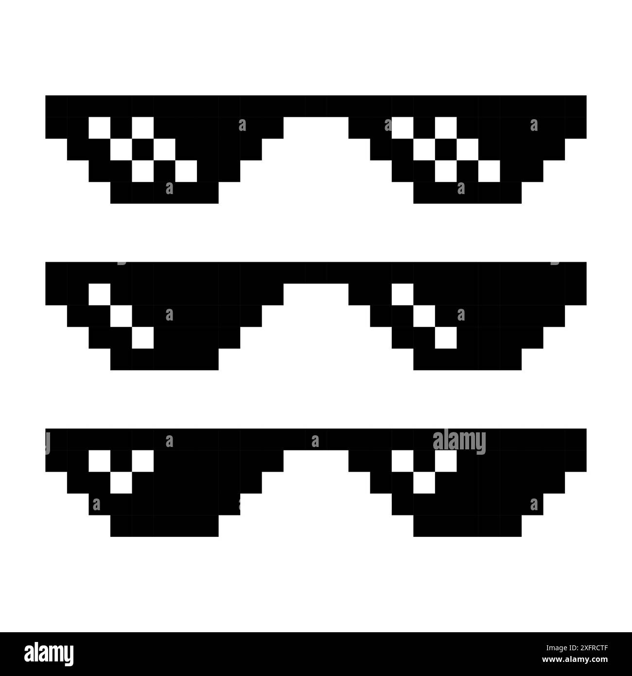 Symbol für Pixel-Sonnenbrille. Schwarz-weiß-Design. Drei Varianten. Vektorabbildung. Stock Vektor