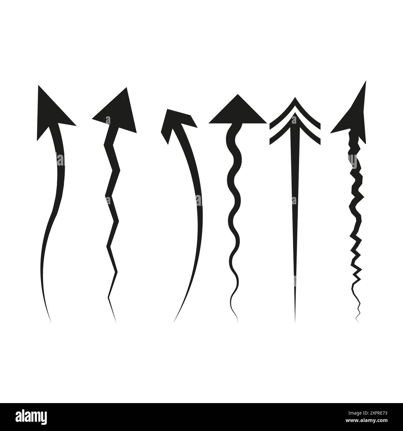 Gekrümmte Pfeilsymbole. Schwarzer Vektorsatz. Gewelltes und Zick-Zack-Design. Kreative Richtungssymbole. Stock Vektor