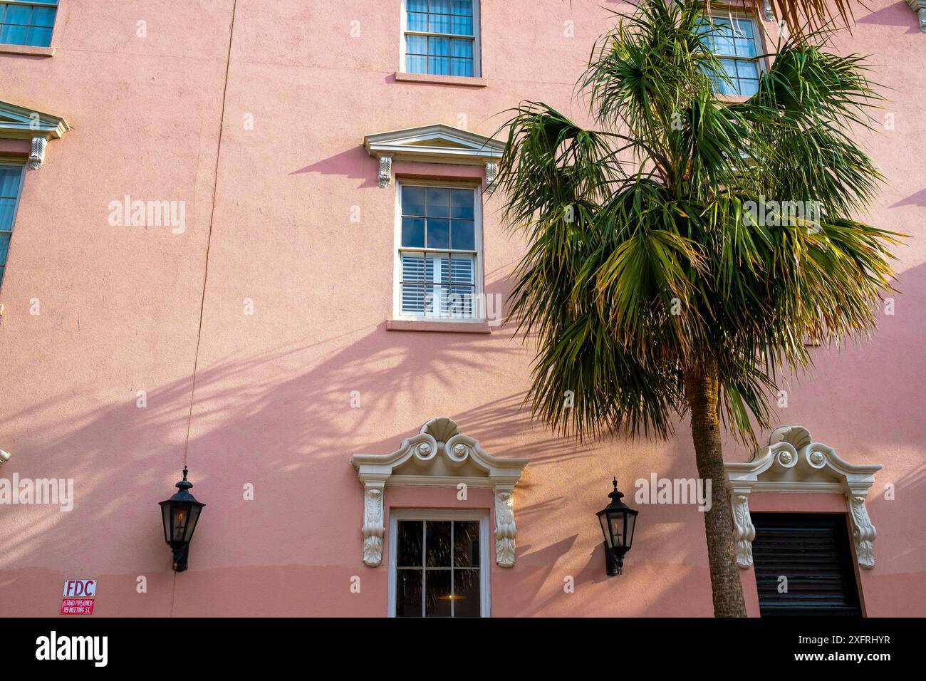 Palmetto und pinkfarbene Wände eines Hotels im historischen Zentrum von Charleston, South Carolina, USA Stockfoto