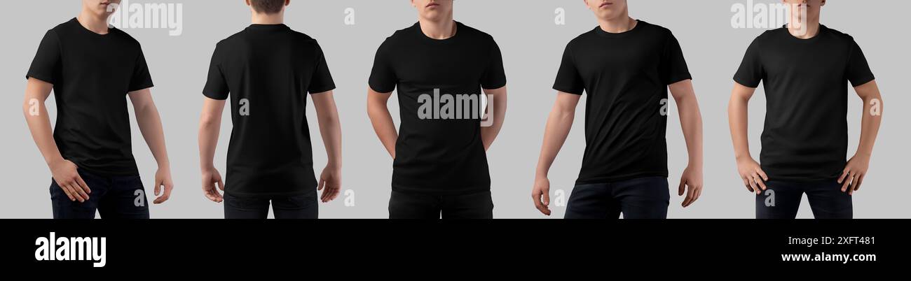 Schwarze T-Shirt-Vorlage auf einem Teenager in Jeans, Vorder-, Rückansicht, isoliert auf Hintergrund. Modell für legere Männerbekleidung, für Design, Muster, Branding. Stockfoto