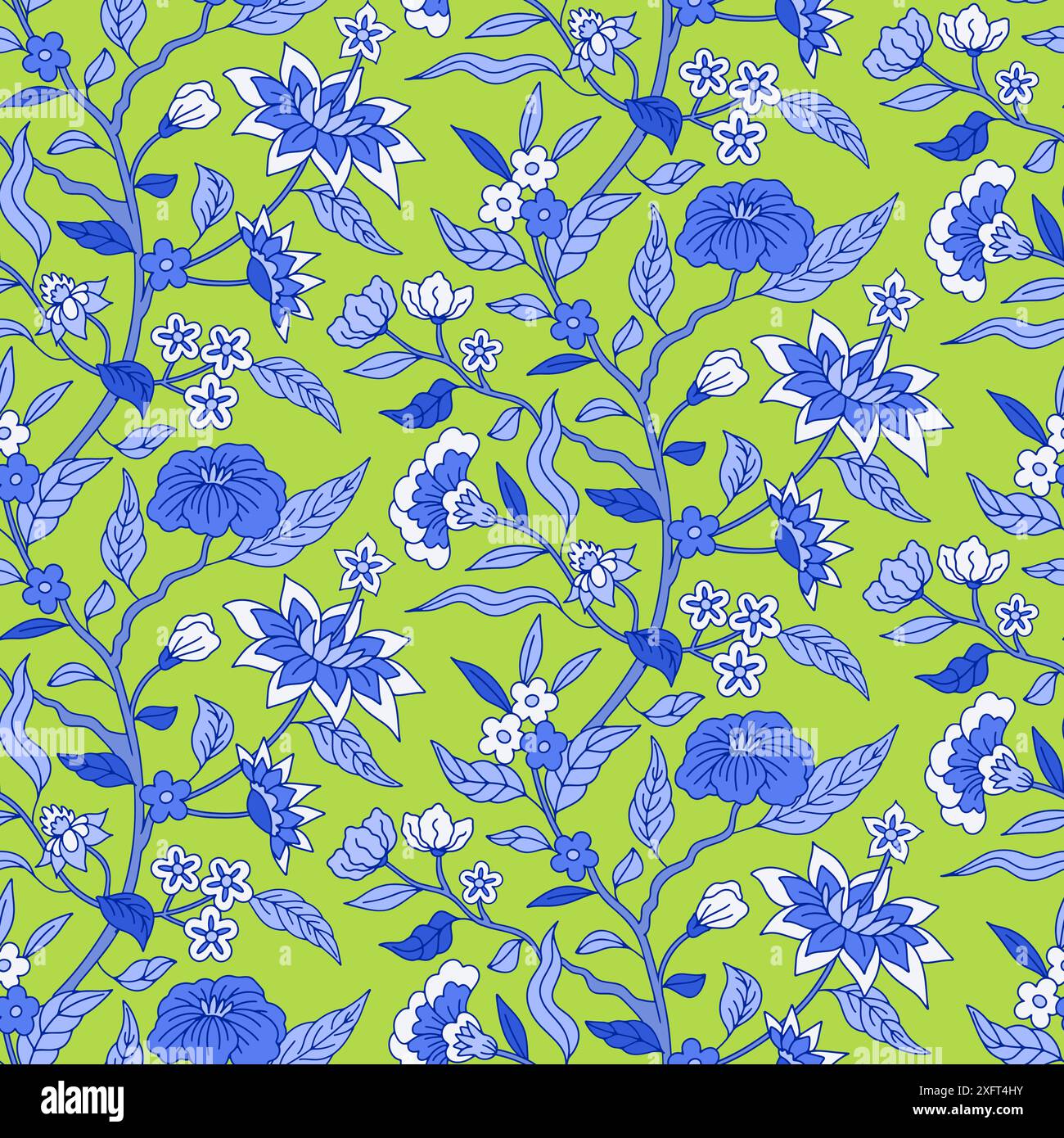 Nahtloses Muster mit einfarbigen blauen Chinoiserie-Motiven Stock Vektor