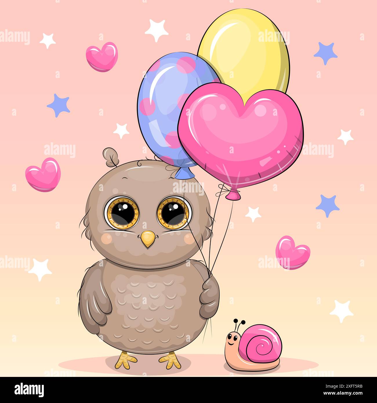 Süße Karikatureule mit Ballons und Schnecke. Vektor-Illustration eines Tieres auf einem rosa Hintergrund mit Herzen und Sternen. Stock Vektor