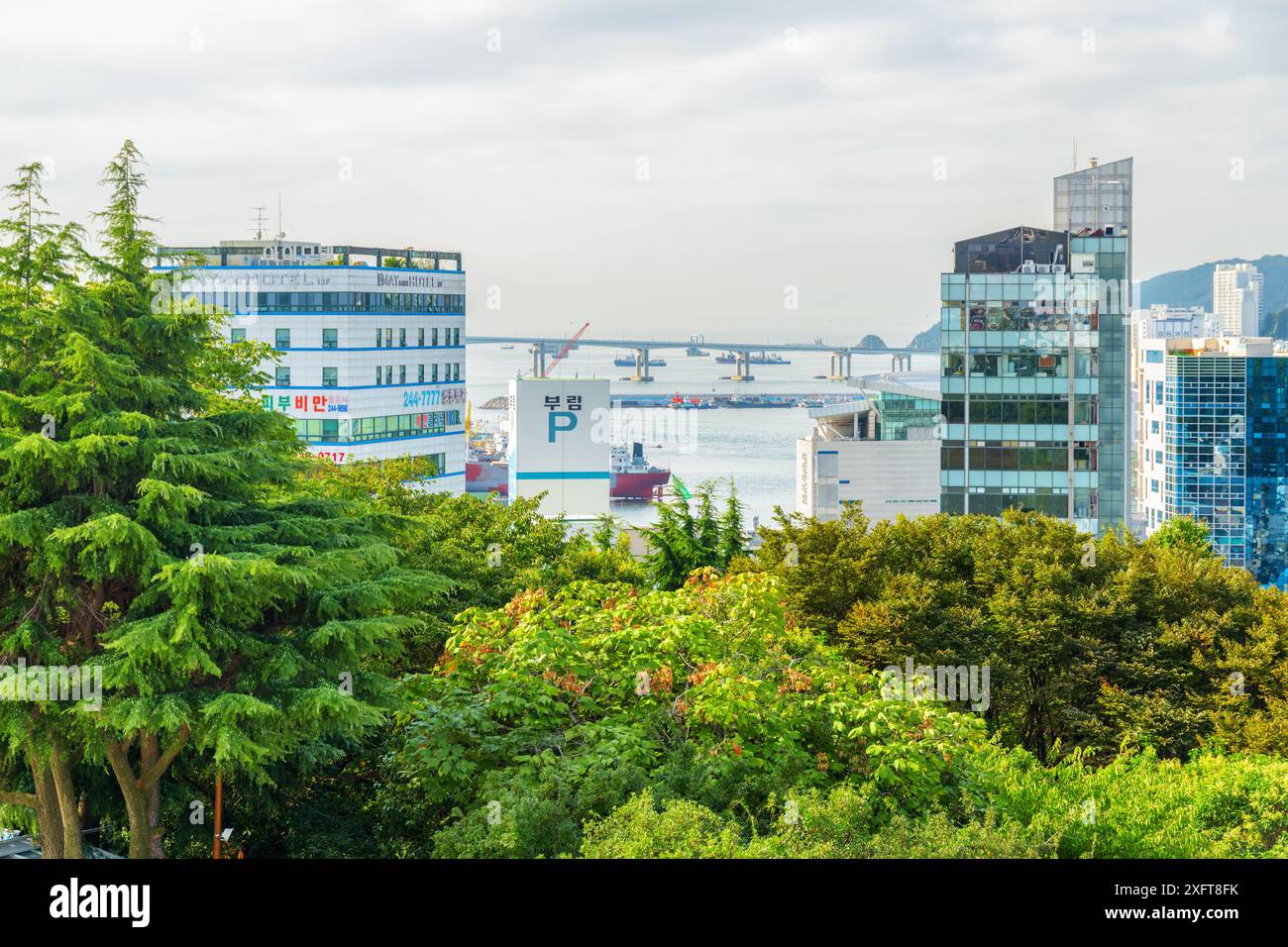 Busan, Südkorea - 7. Oktober 2017: Schöner Blick auf den Hafen von Busan vom Yongdusan Park. Die Namhangdaegyo-Brücke ist auf dem Meeresgrund sichtbar. Stockfoto