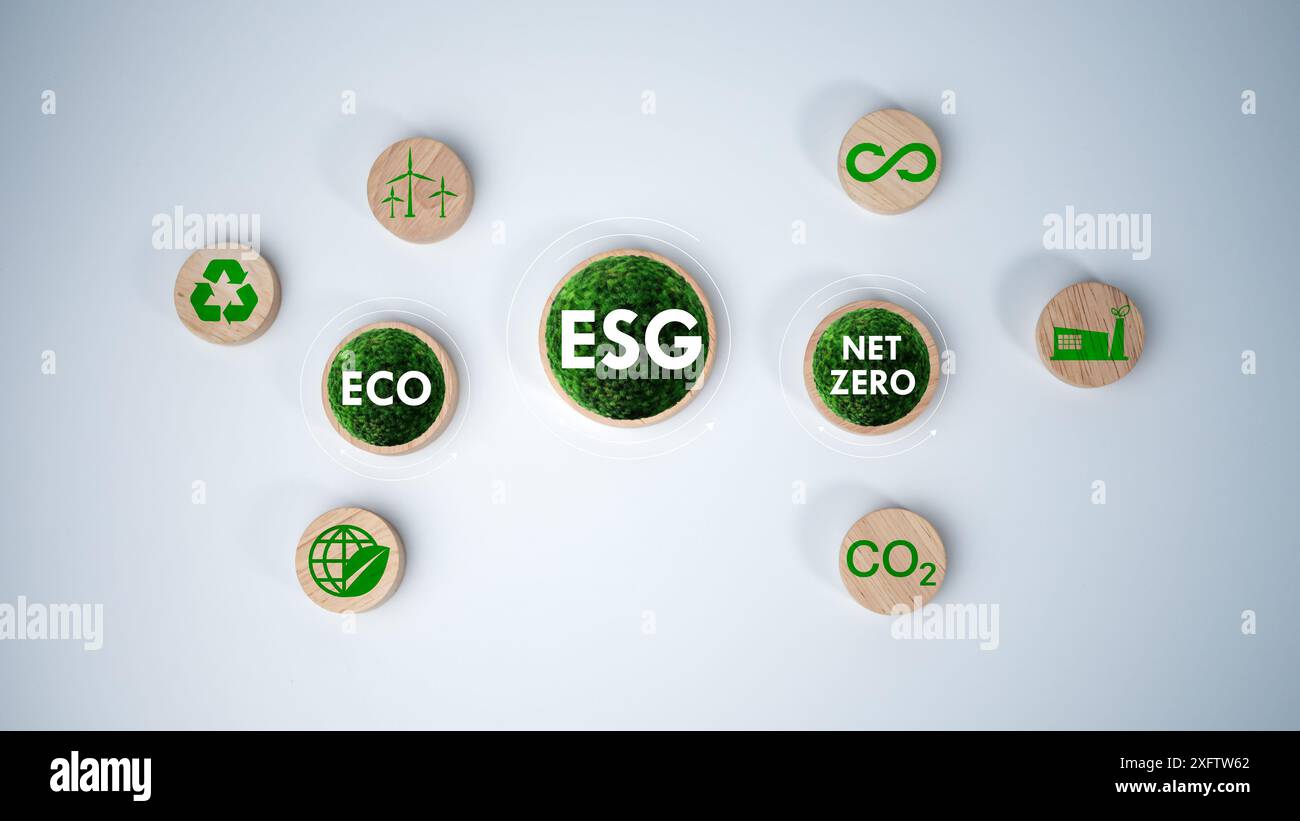 Eine runde Holzplatte mit den Abkürzungen ESG und ECO und NET ZERO. Konzepte für eine nachhaltige Umwelt. Netto-Null-Treibhausegas e Stockfoto