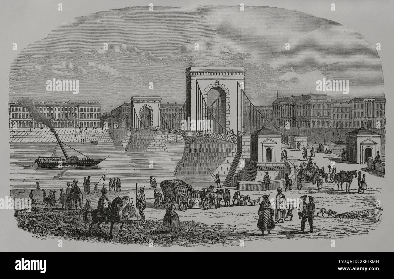 Ungarn. Kettenbrücke. Brücke über die Donau, die die beiden Städte Buda und Pest miteinander verband. Er wurde von dem englischen Ingenieur William Tierney Clark (1783–1852) entworfen und von dem schottischen Ingenieur Adam Clark (1811–1866) gebaut. Der Bau begann 1839 und wurde am 20. November 1849 eingeweiht. Gravur. „Los Héroes y las Grandezas de la Tierra“ (die Helden und die Grandeure der Erde). Band VIII. 1856. Stockfoto